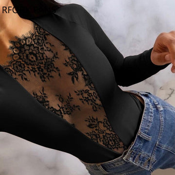 Yipinpay Women Basic Solid Lace Patch Long Sleeves Sexy Skinny Black Blouses Tops